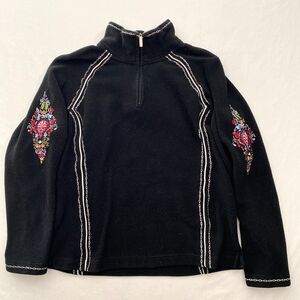 Talbots Embroidered Fleece Jacket 1/4 Zip Womens Small Black Boho Outdoor VTG